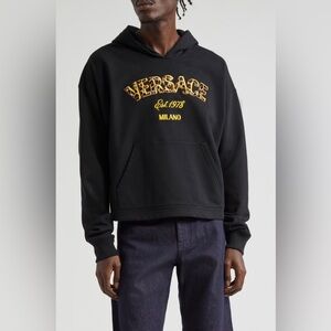 Versace Leopard Spot Logo Cotton Hoodie In Black And Size Medium $1195